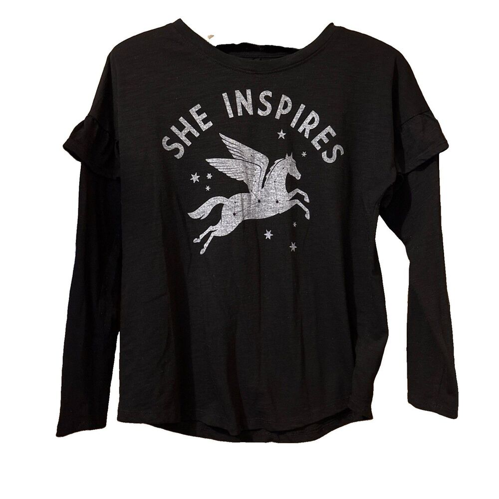 Girls Old Navy Black Long Sleeve Ruffled T Shirt She Inspires Size XL/14 - Picture 1 of 8